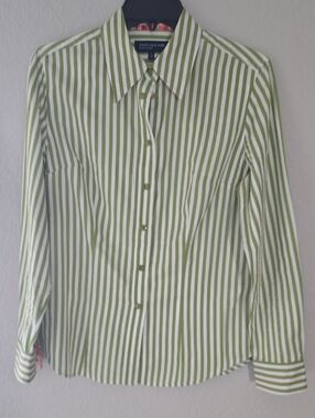 Jones Ney York,  Women's Green Stripe Button-Up Shirt, Sz S